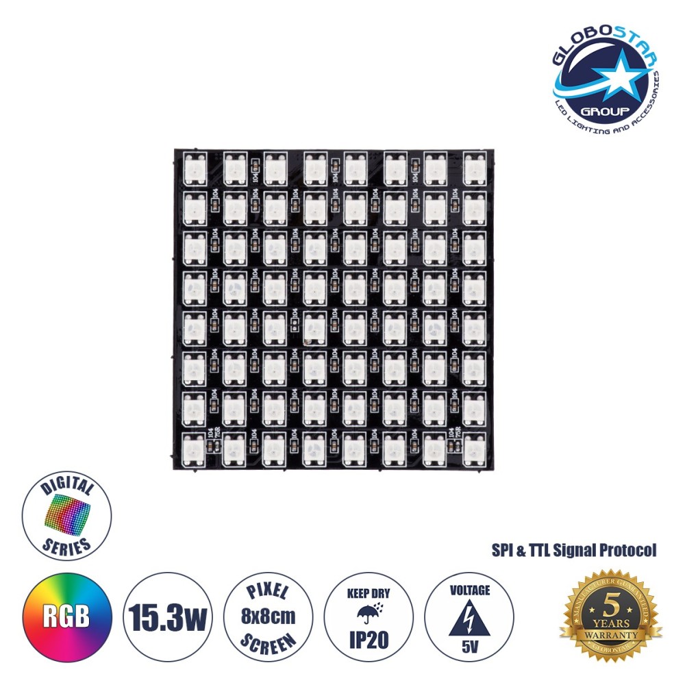 GLOBOSTAR® DIGIPLATE 90607 Ψηφιακή Pixel Addressable Πλακέτα LED 15.3W 918lm 120° DC 5V IP20 64 x SMD5050 Chip 64 x Pixel Πολύχρωμο RGB Dimmable SPI-TTL Protocol IC WS2812-SK6812 - Sanan SMD Chip - Μ8 x Π8 x Υ0.2cm - 5 Χρόνια Εγγύηση